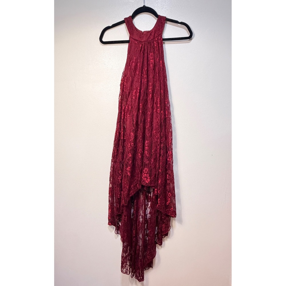 Bailey Blue Dress Womens M Burgundy Floral Lace Halter High Low Hem Cocktail